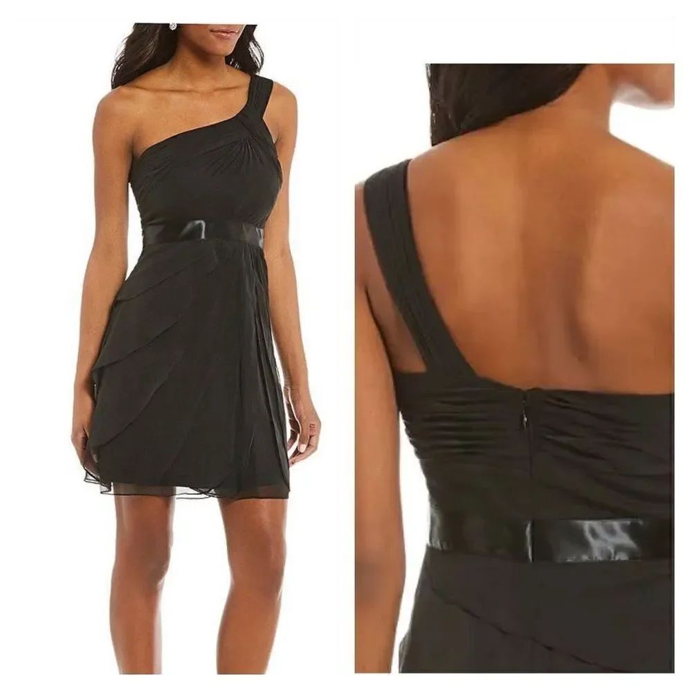 Adrianna Papell Chiffon One Shoulder Mini Black Dress Size 14 NWT